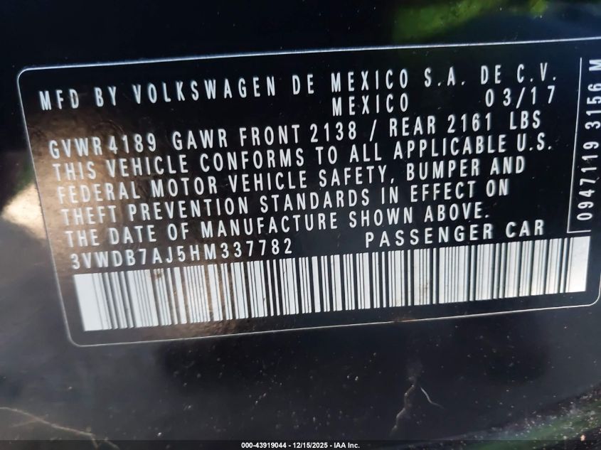 2017 Volkswagen Jetta 1.4T Se VIN: 3VWDB7AJ5HM337782 Lot: 43919044