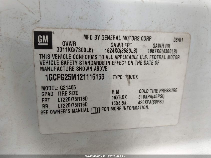 2002 Chevrolet Express VIN: 1GCFG25M121116155 Lot: 43919047