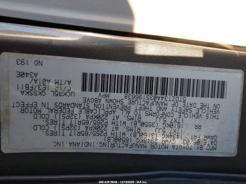 2003 Toyota Sequoia Sr5 V8 VIN: 5TDZT34A03S196638 Lot: 43919049