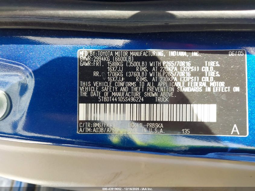 2005 Toyota Tundra Sr5 V8 VIN: 5TBDT44105S496224 Lot: 43919052