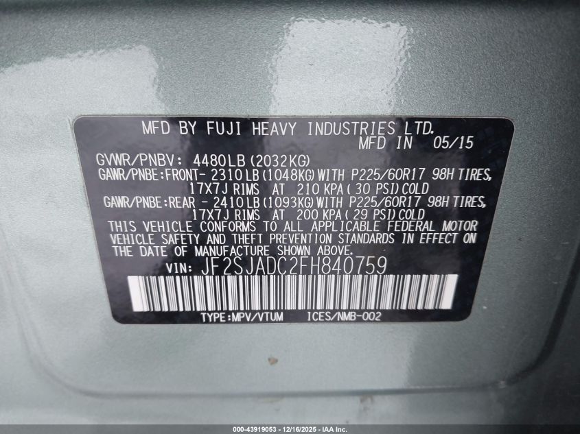 2015 Subaru Forester 2.5I Premium VIN: JF2SJADC2FH840759 Lot: 43919053