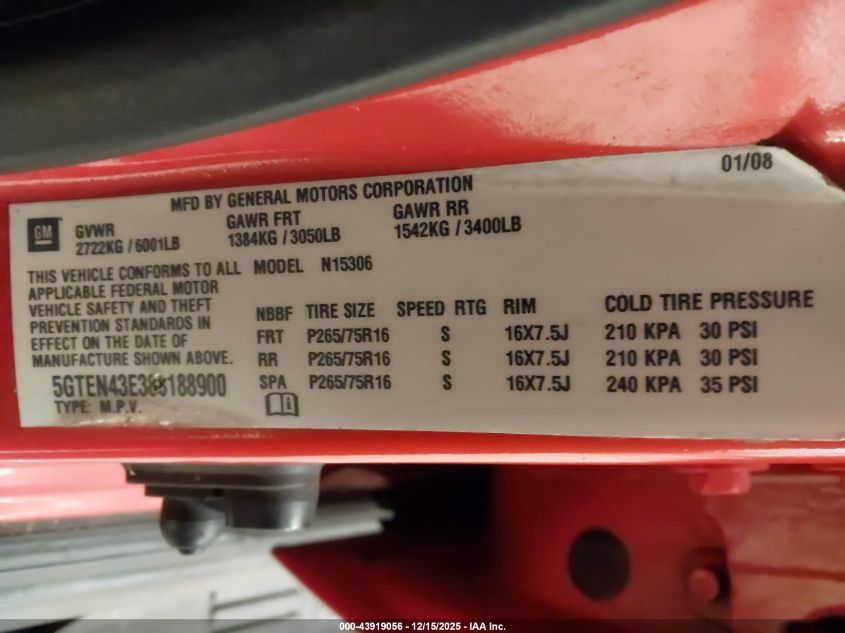 2008 Hummer H3 Suv VIN: 5GTEN43E388188900 Lot: 43919056