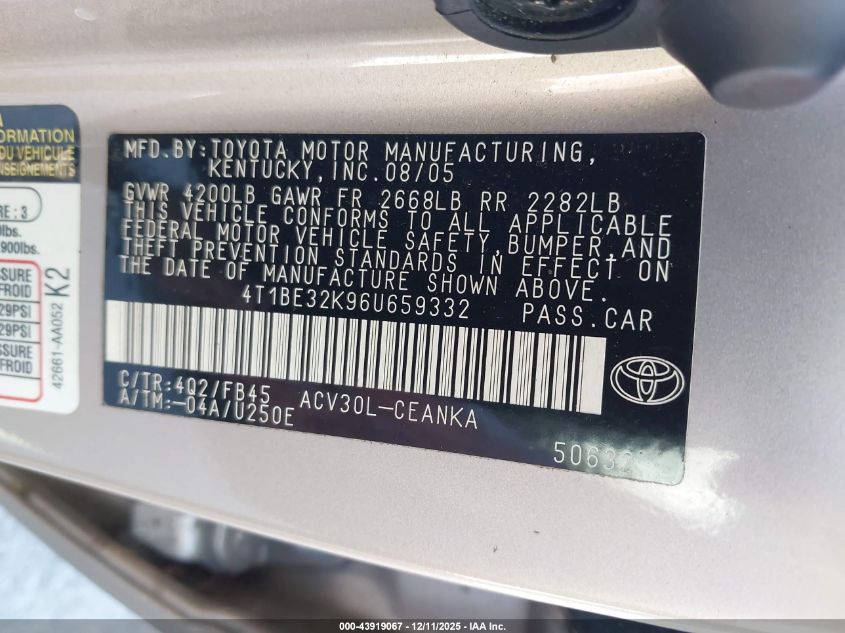 2006 Toyota Camry Le VIN: 4T1BE32K96U659332 Lot: 43919067