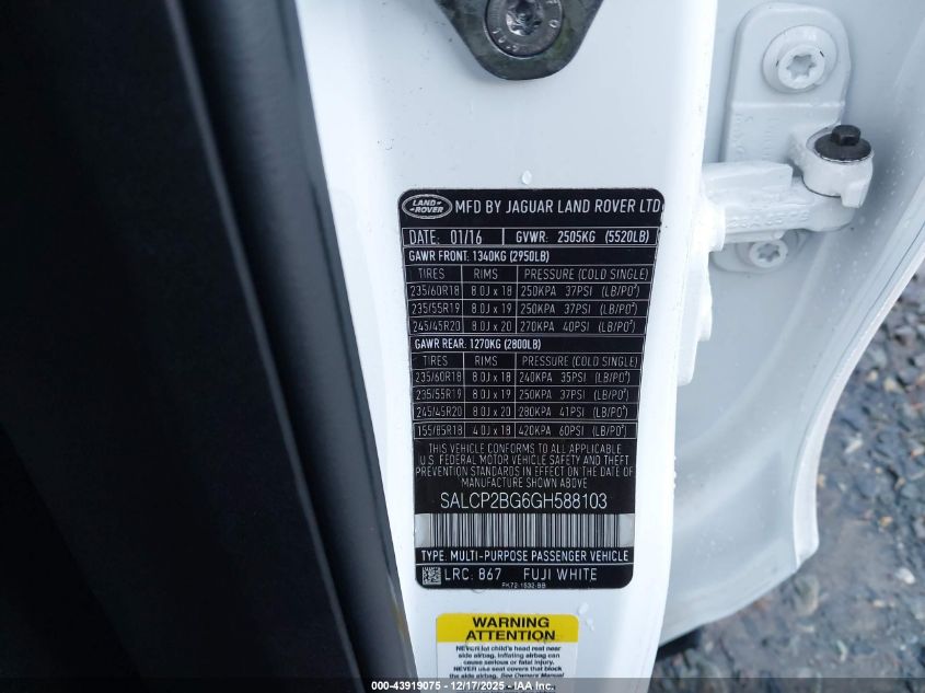 2016 Land Rover Discovery Sport Se VIN: SALCP2BG6GH588103 Lot: 43919075