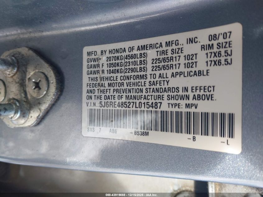 2007 Honda Cr-V Ex VIN: 5J6RE48527L015487 Lot: 43919088