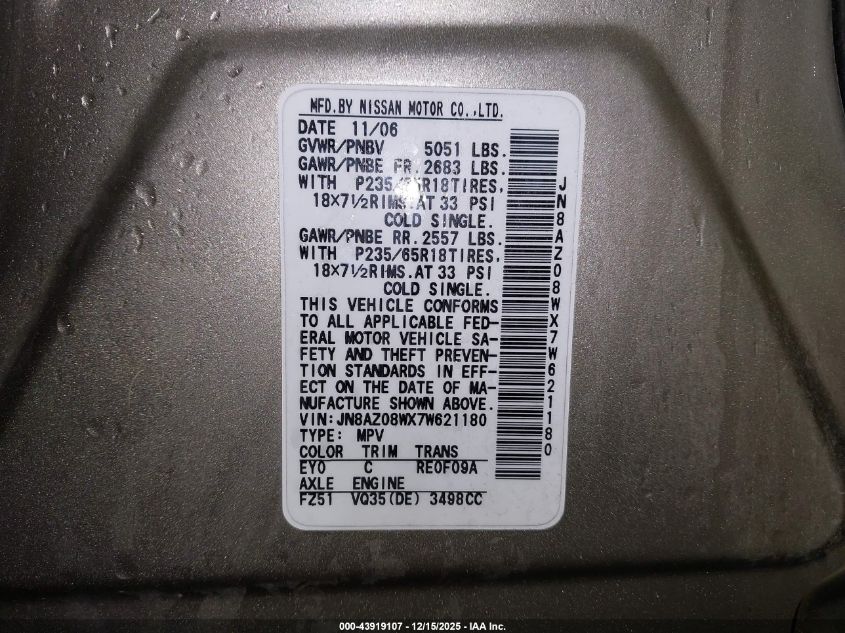 2007 Nissan Murano S VIN: JN8AZ08WX7W621180 Lot: 43919107