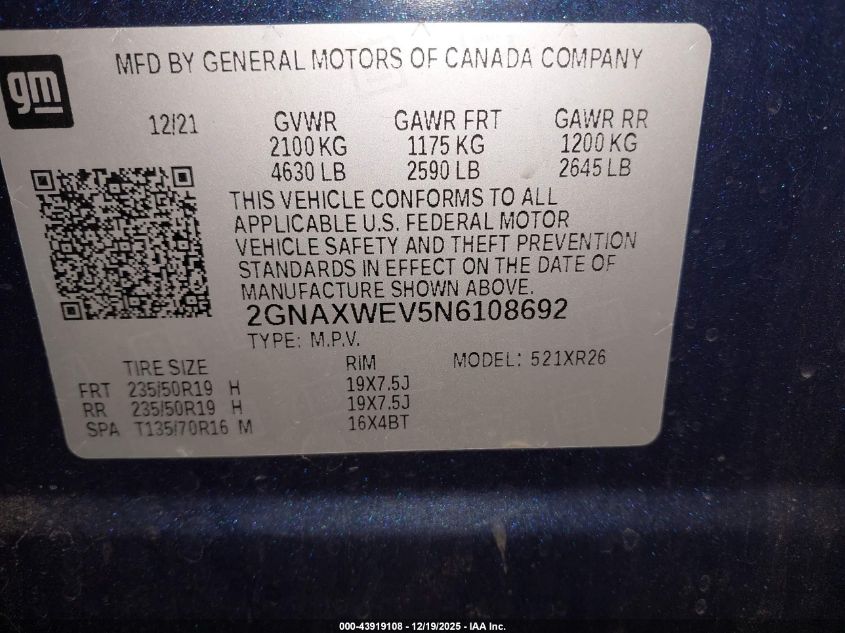 2022 Chevrolet Equinox Awd Rs VIN: 2GNAXWEV5N6108692 Lot: 43919108