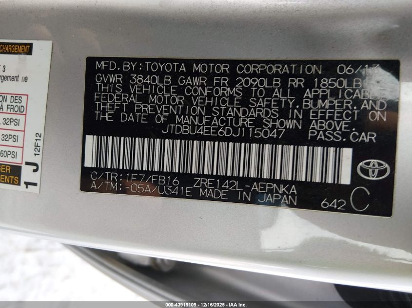 2013 Toyota Corolla Le VIN: JTDBU4EE6DJ115047 Lot: 43919109