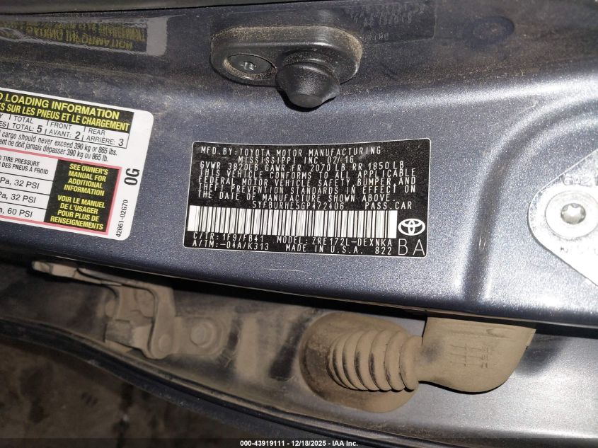 2016 Toyota Corolla Le VIN: 5YFBURHE5GP472406 Lot: 43919111