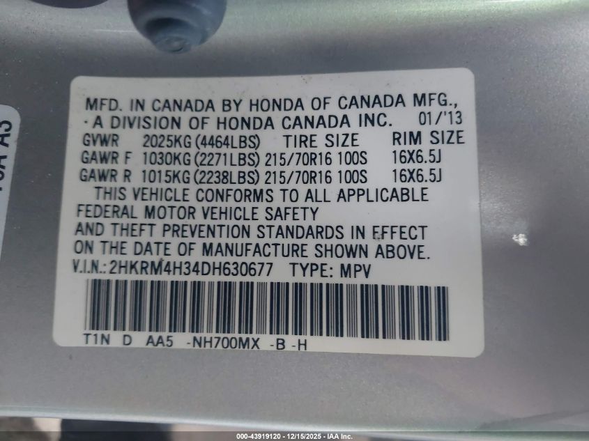 2013 Honda Cr-V Lx VIN: 2HKRM4H34DH630677 Lot: 43919120