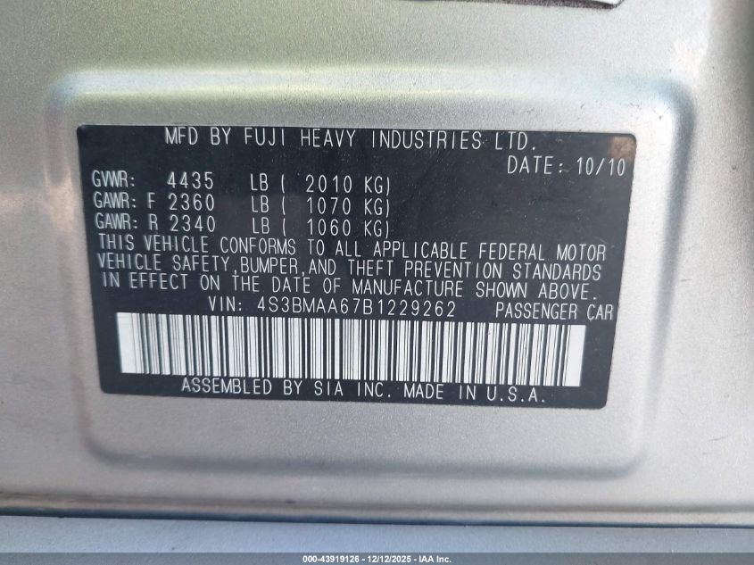 2011 Subaru Legacy 2.5I VIN: 4S3BMAA67B1229262 Lot: 43919126
