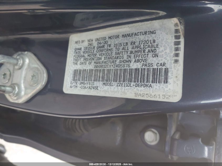 2000 Toyota Corolla Ce VIN: 1NXBR12EXYZ405876 Lot: 43919130