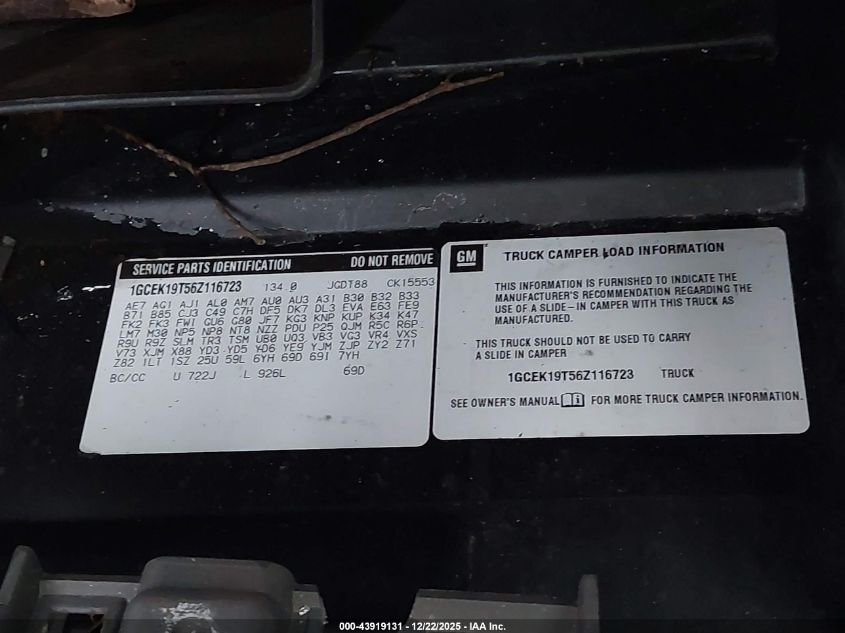 2006 Chevrolet Silverado 1500 Lt1 VIN: 1GCEK19T56Z116723 Lot: 43919131