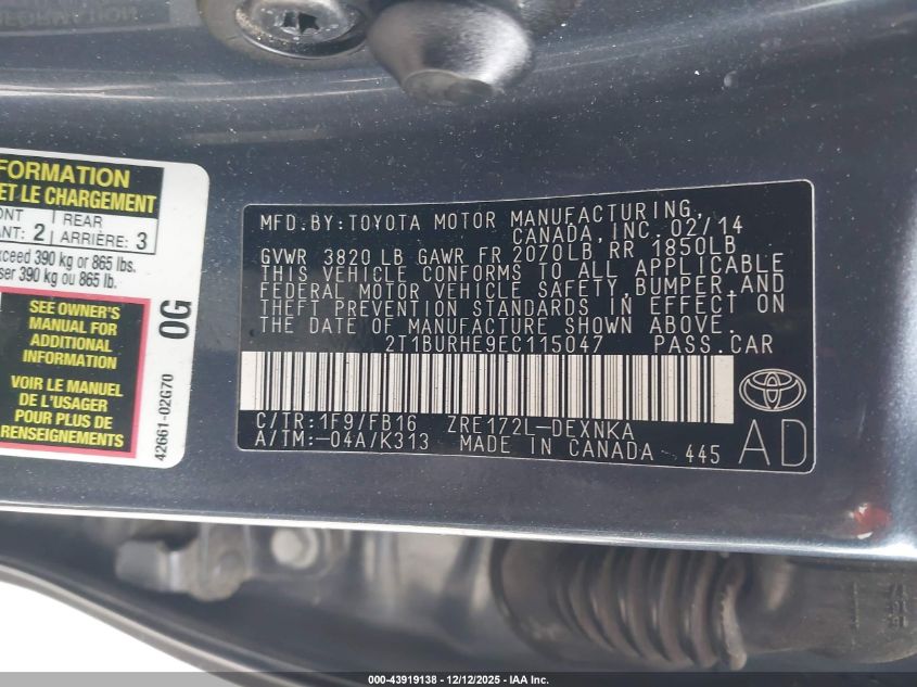 2014 Toyota Corolla Le VIN: 2T1BURHE9EC115047 Lot: 43919138