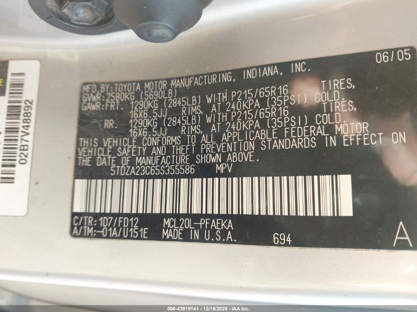 2005 Toyota Sienna Ce VIN: 5TDZA23C65S355586 Lot: 43919141