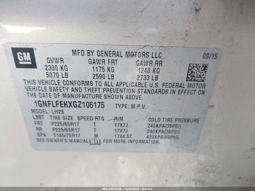 2016 Chevrolet Equinox Lt VIN: 1GNFLFEKXGZ106175 Lot: 43919145