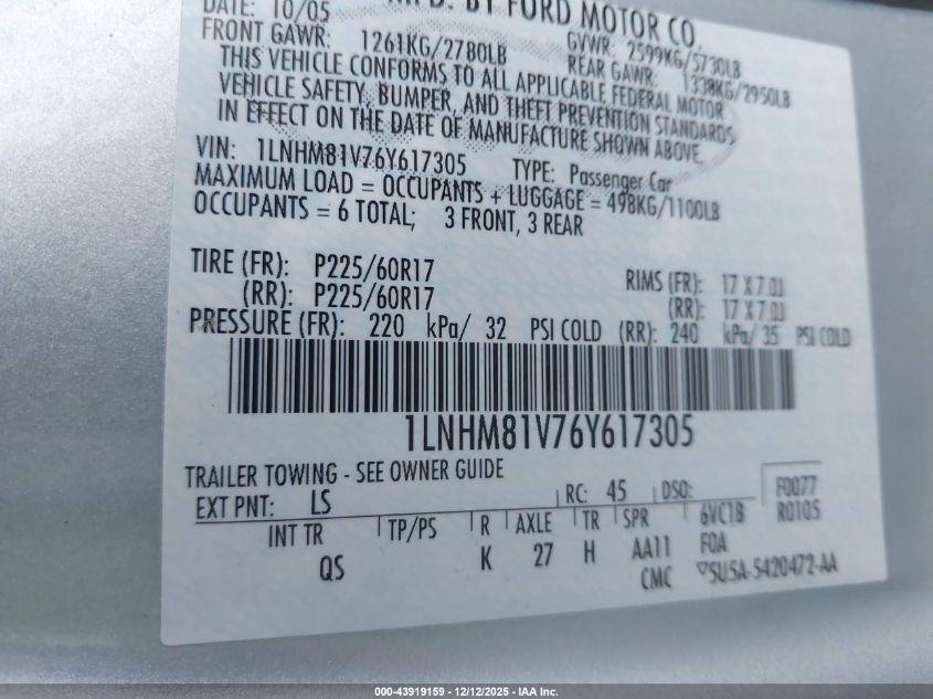 2006 Lincoln Town Car Signature VIN: 1LNHM81V76Y617305 Lot: 43919159