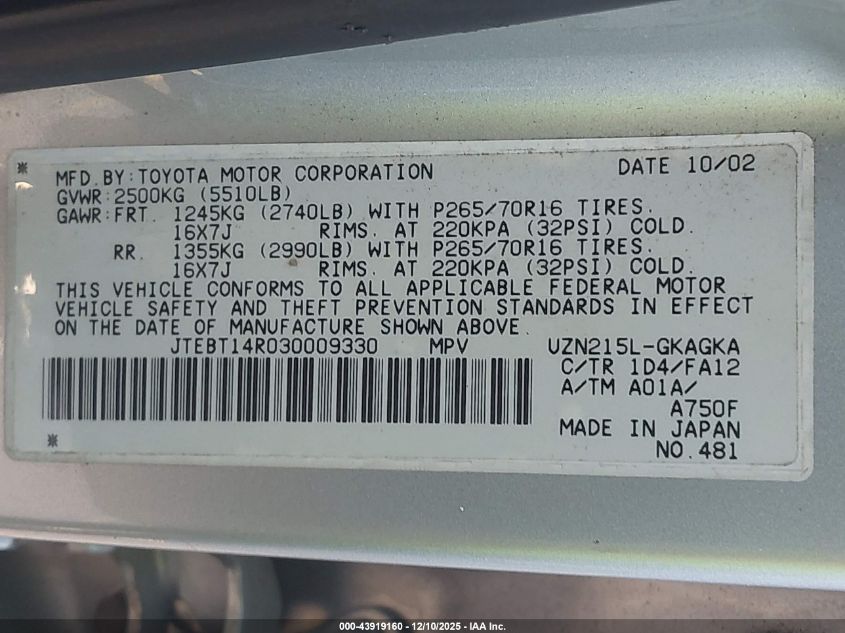 2003 Toyota 4Runner Sr5 V8 VIN: JTEBT14R030009330 Lot: 43919160