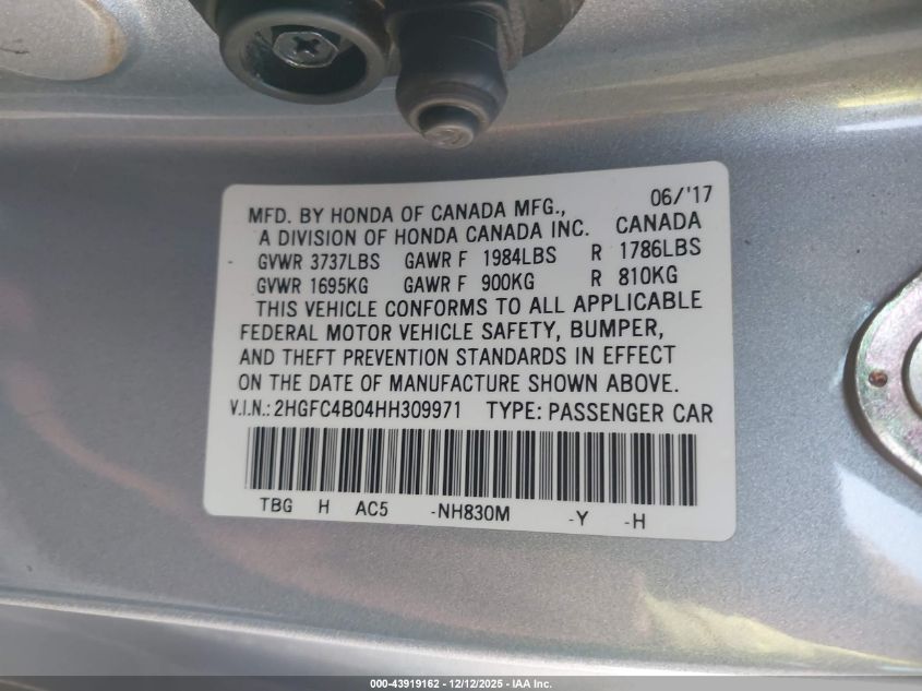 2017 Honda Civic Lx-P VIN: 2HGFC4B04HH309971 Lot: 43919162