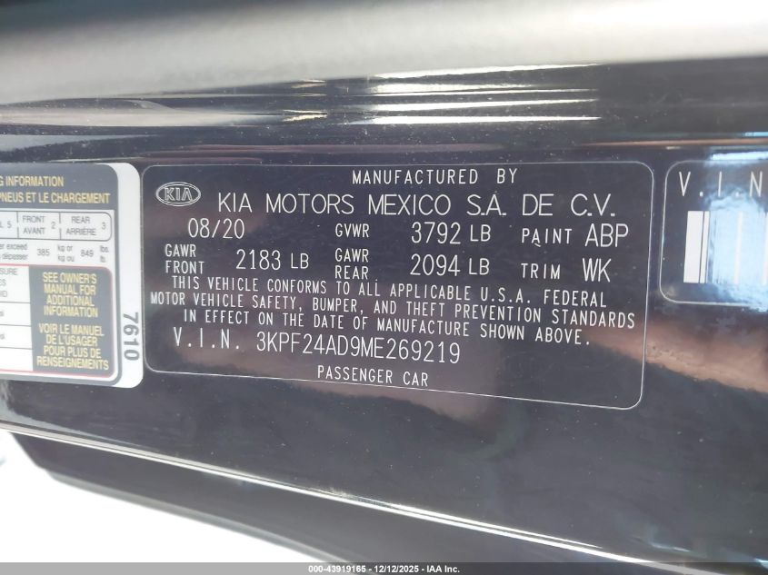 2021 Kia Forte Lxs VIN: 3KPF24AD9ME269219 Lot: 43919165