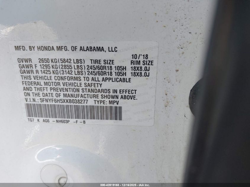 2019 Honda Pilot Ex-L VIN: 5FNYF6H5XKB038277 Lot: 43919168