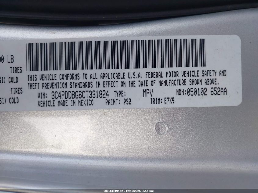 2012 Dodge Journey Sxt VIN: 3C4PDDBG6CT331824 Lot: 43919172