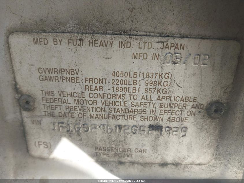 2002 Subaru Impreza Wrx VIN: JF1GD29602G527929 Lot: 43919178