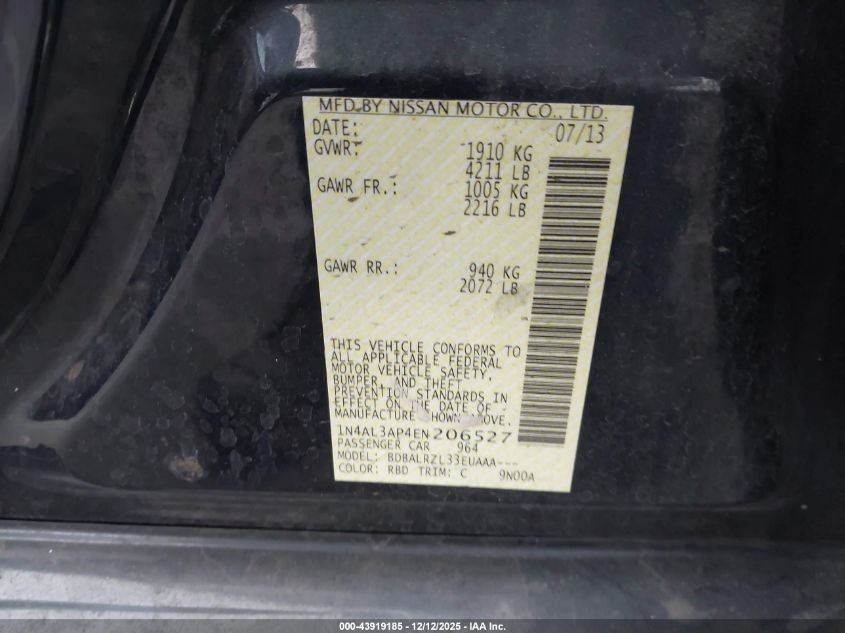 2014 Nissan Altima 2.5 S VIN: 1N4AL3AP4EN206527 Lot: 43919185