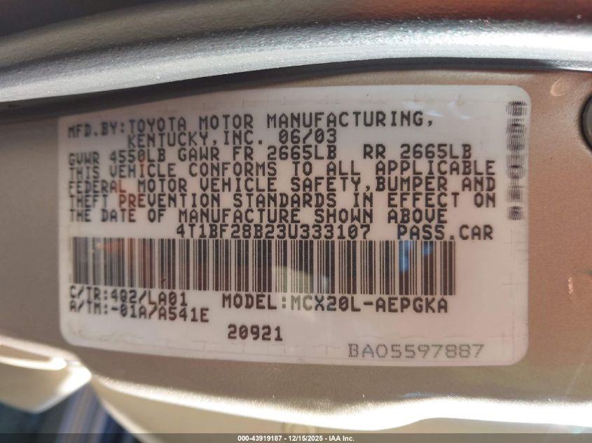 2003 Toyota Avalon Xls VIN: 4T1BF28B23U333107 Lot: 43919187