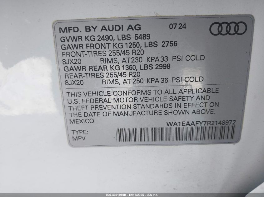 2024 Audi Q5 Premium Plus 45 Tfsi S Line Quattro VIN: WA1EAAFY7R2148972 Lot: 43919190