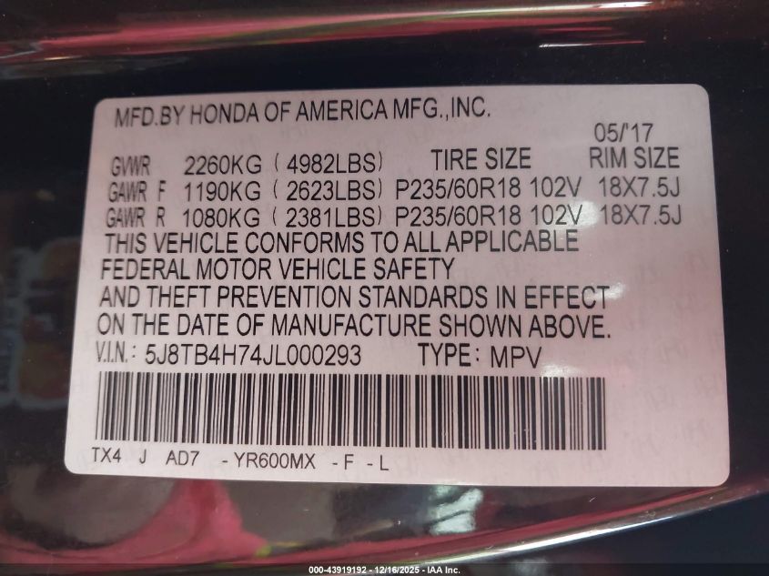 2018 Acura Rdx Advance Package VIN: 5J8TB4H74JL000293 Lot: 43919192