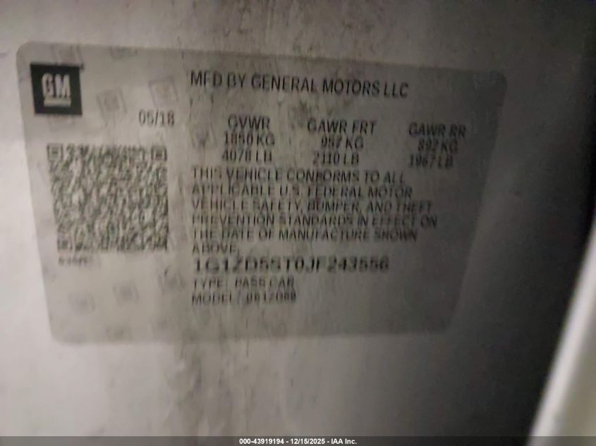 2018 Chevrolet Malibu Lt VIN: 1G1ZD5ST0JF243556 Lot: 43919194