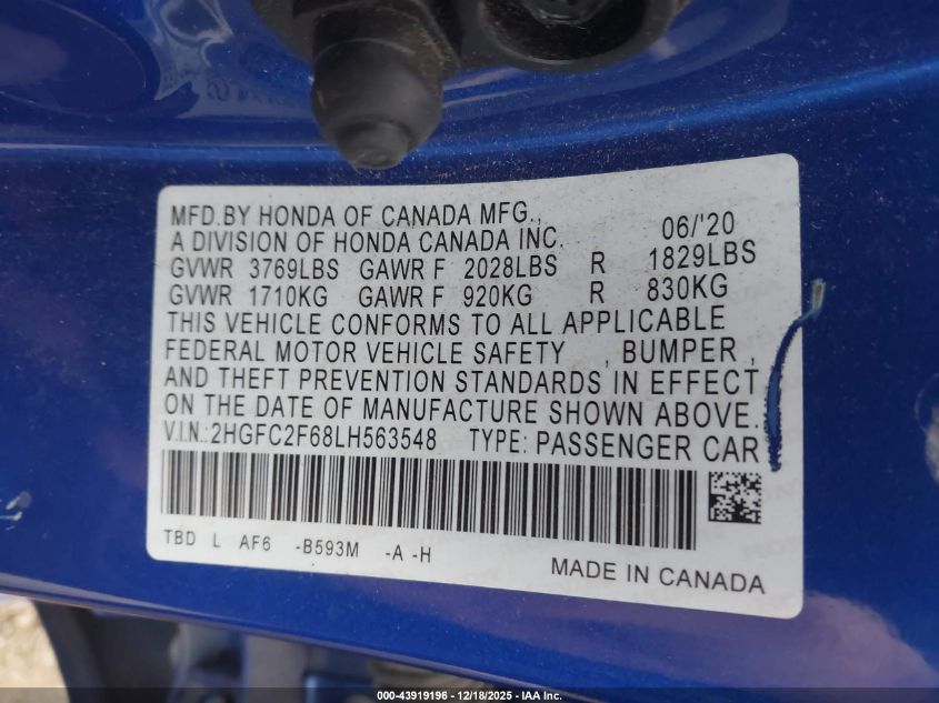 2020 Honda Civic Lx VIN: 2HGFC2F68LH563548 Lot: 43919196