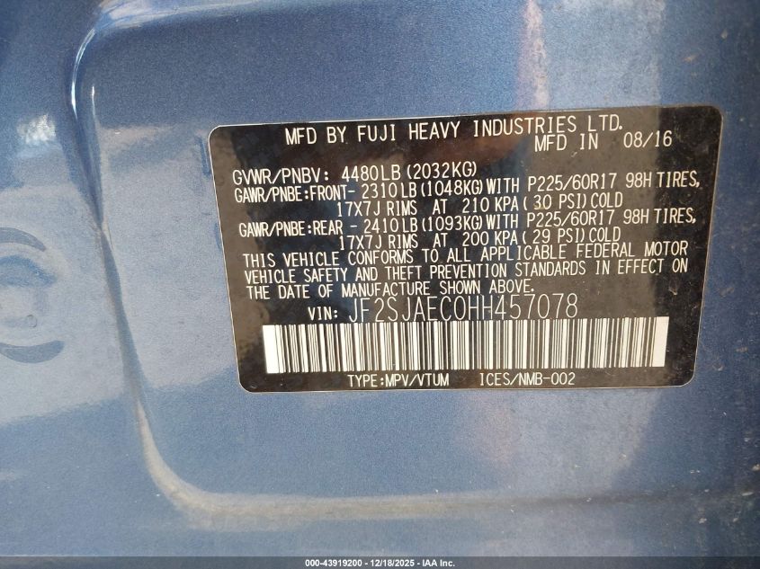 2017 Subaru Forester 2.5I Premium VIN: JF2SJAEC0HH457078 Lot: 43919200