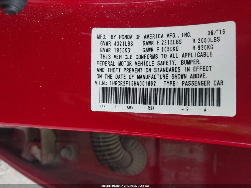 2017 Honda Accord Sport Se VIN: 1HGCR2F15HA001862 Lot: 43919202