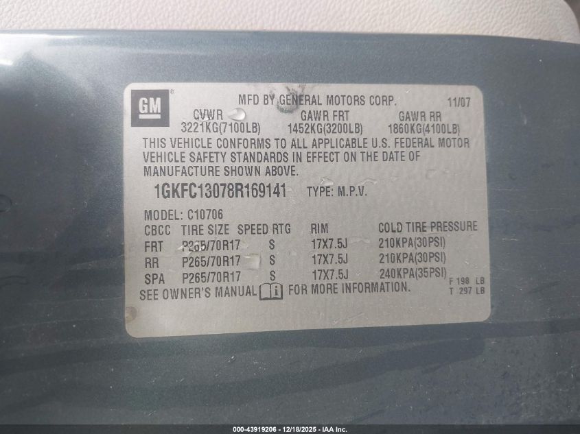 2007 GMC Yukon Xl 1500 Slt VIN: 1GKFC16J67J241352 Lot: 43919206