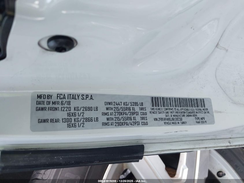 2018 Ram Promaster City Wagon VIN: ZFBERFAB0J6L28230 Lot: 43919208