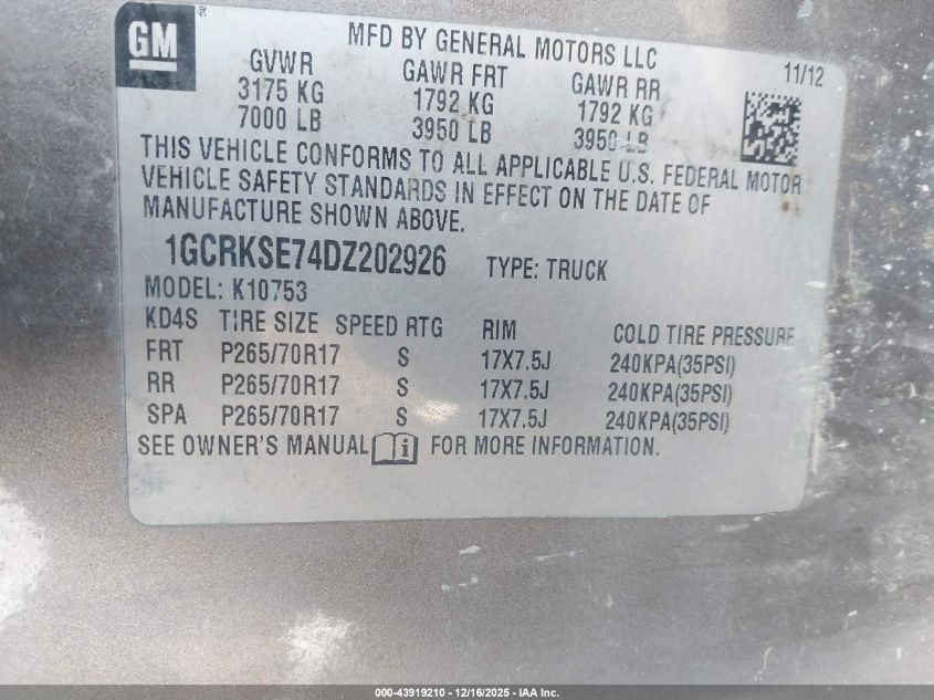 2013 Chevrolet Silverado 1500 Lt VIN: 1GCRKSE74DZ202926 Lot: 43919210