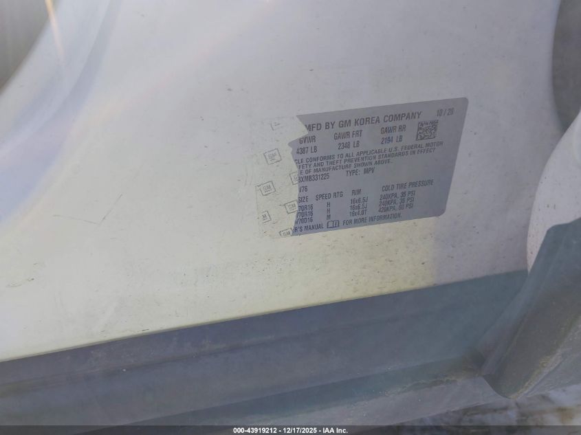 2021 Chevrolet Trax Awd Lt VIN: KL7CJPSBXMB331225 Lot: 43919212