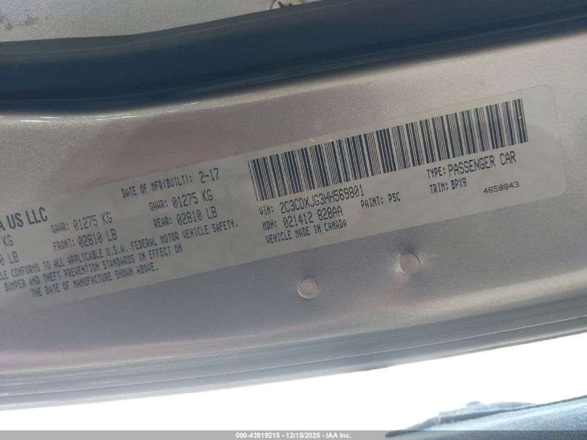 2017 Dodge Charger Sxt Awd VIN: 2C3CDXJG3HH569801 Lot: 43919215