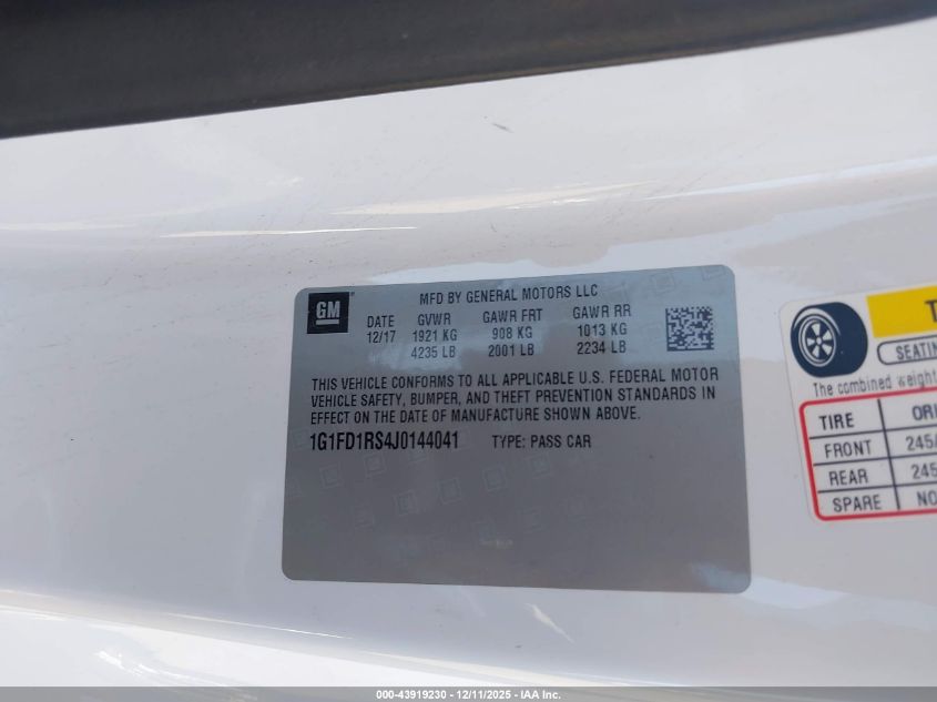 2018 Chevrolet Camaro 2Lt VIN: 1G1FD1RS4J0144041 Lot: 43919230