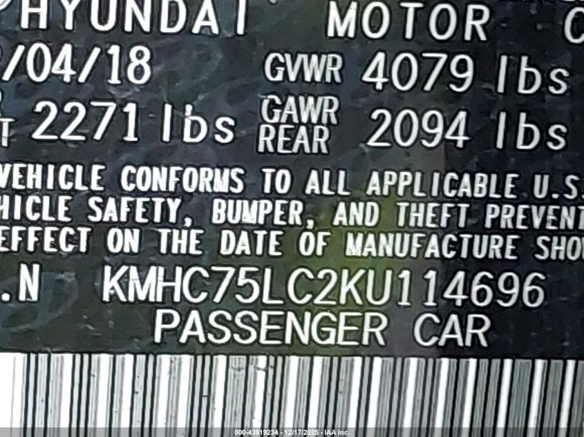 2019 Hyundai Ioniq Hybrid Sel VIN: KMHC75LC2KU114696 Lot: 43919234