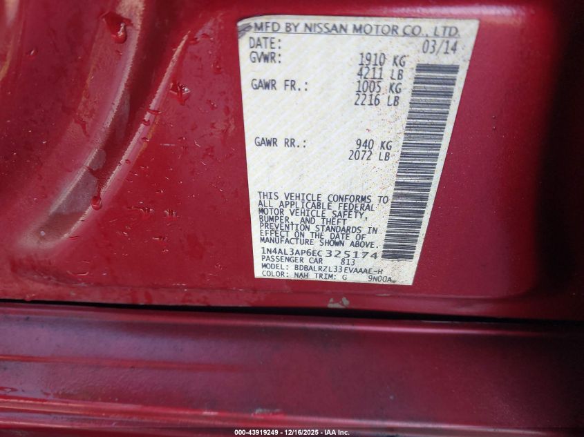 2014 Nissan Altima 2.5 S VIN: 1N4AL3AP6EC325174 Lot: 43919249