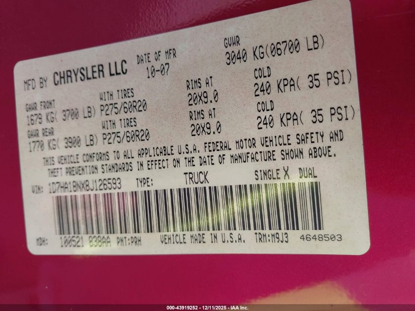 2008 Dodge Ram 1500 Slt VIN: 1D7HA18NX8J126593 Lot: 43919252