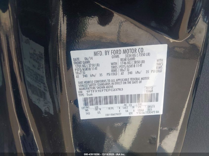 2014 Ford F-150 Stx VIN: 1FTFX1EF7EFC23763 Lot: 43919256