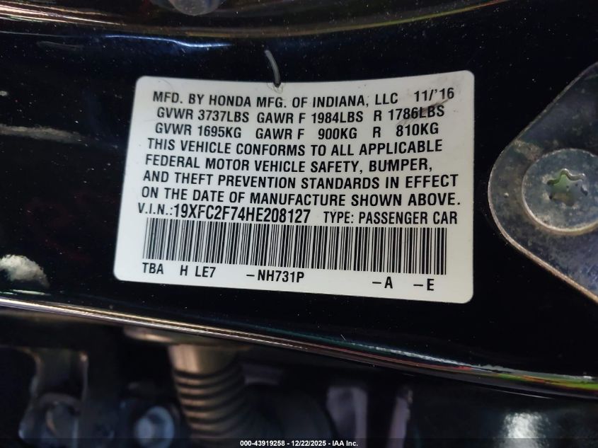 2017 Honda Civic Ex VIN: 19XFC2F74HE208127 Lot: 43919258