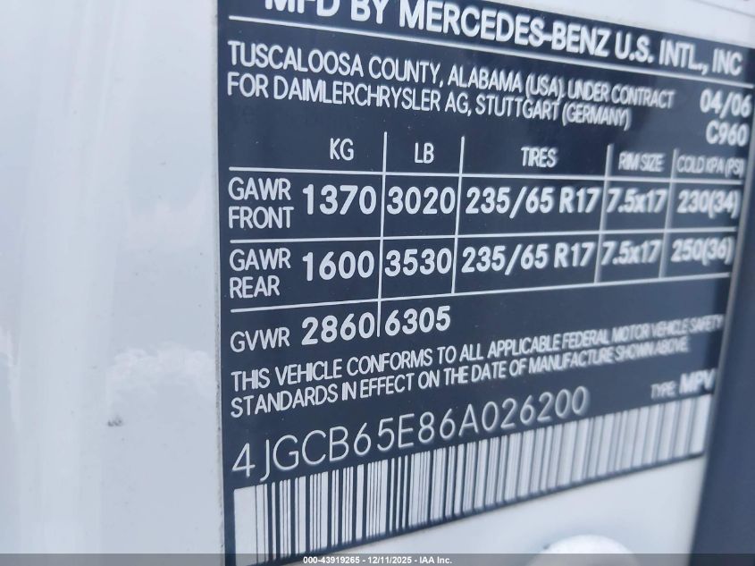 2006 Mercedes-Benz R 350 4Matic VIN: 4JGCB65E86A026200 Lot: 43919265