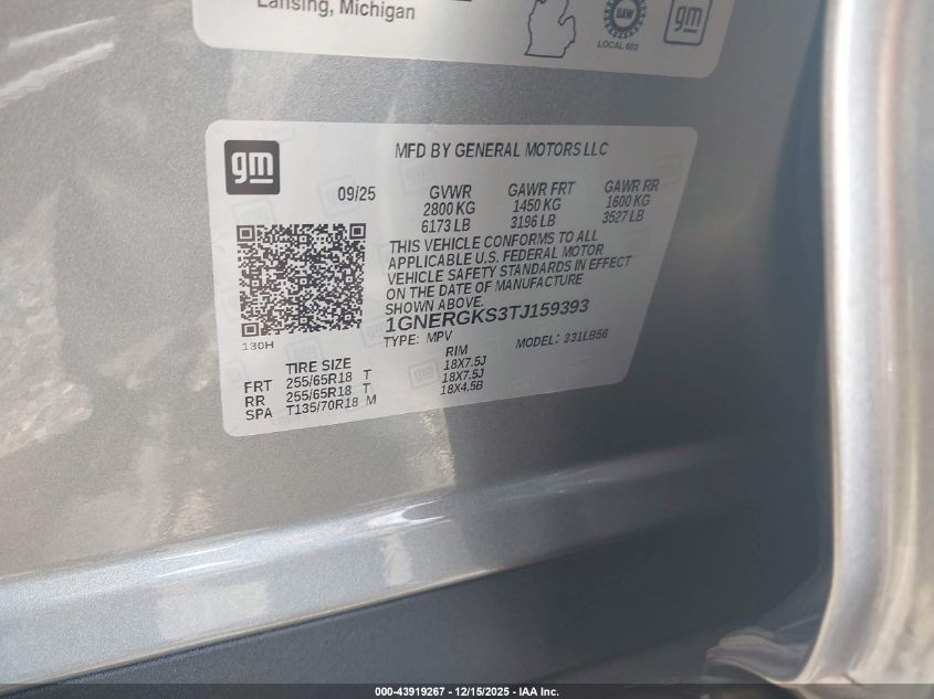 2026 Chevrolet Traverse Fwd Lt VIN: 1GNERGKS3TJ159393 Lot: 43919267