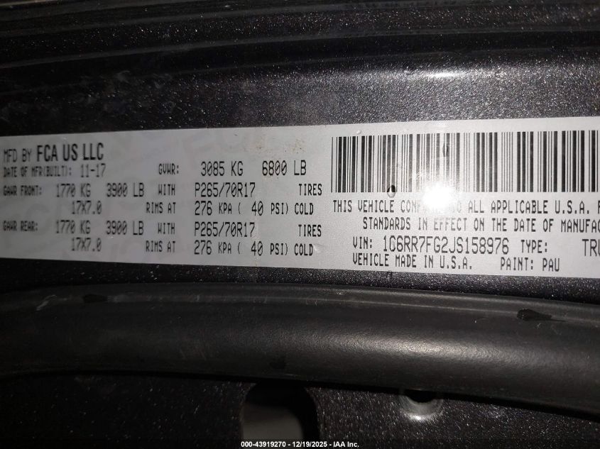 2018 Ram 1500 Express 4X4 6'4 Box VIN: 1C6RR7FG2JS158976 Lot: 43919270