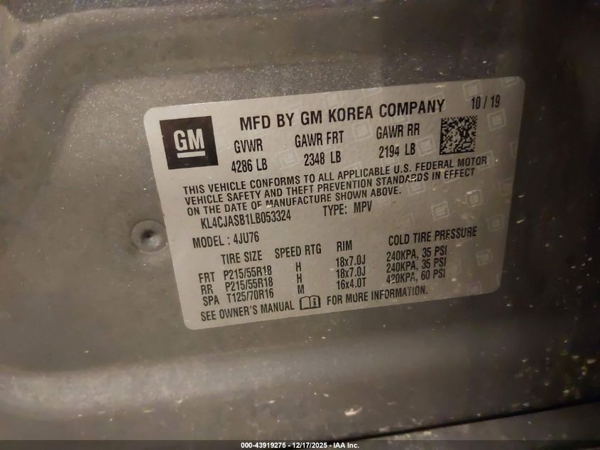 2020 Buick Encore Fwd Preferred VIN: KL4CJASB1LB053324 Lot: 43919275